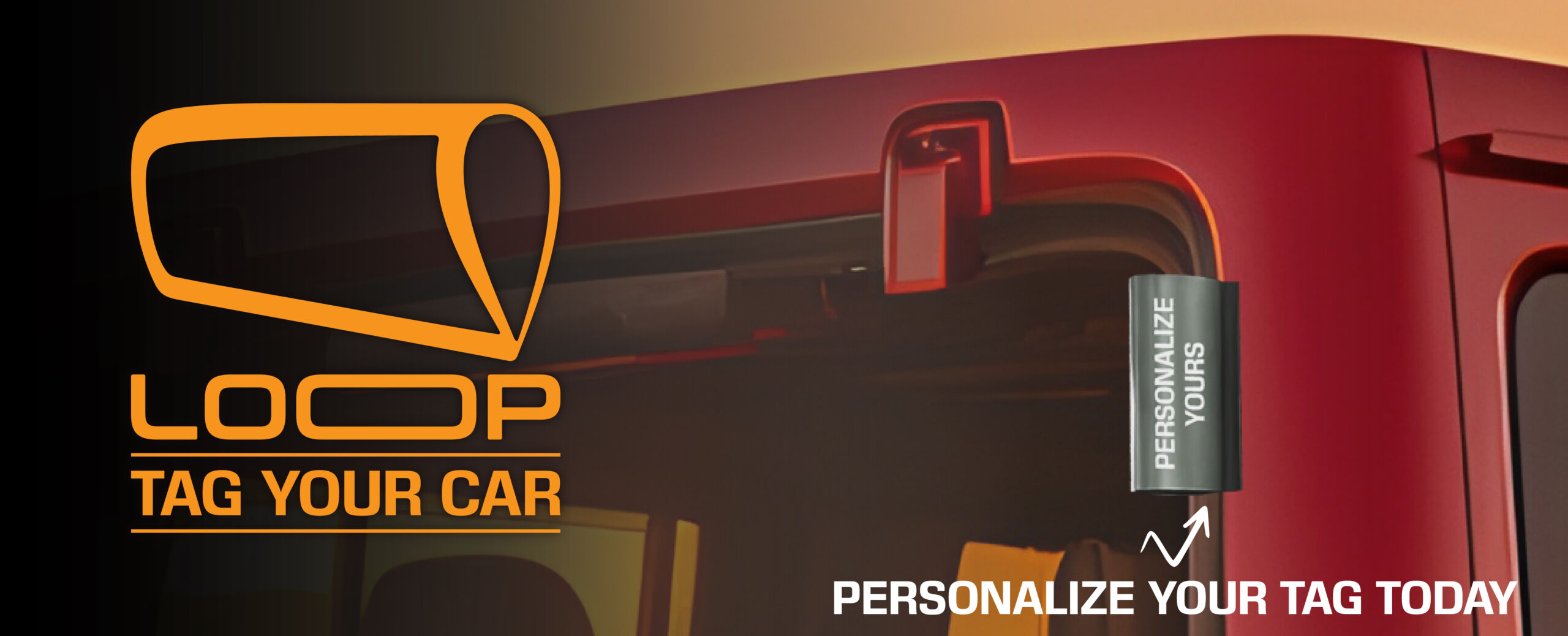Product-focused hero slide for the Loop Tag car accessory, displaying a vehicle license plate frame or tag, with call-to-action text: 'Loop. Tag Your Car. Personalize Your Tag Today.