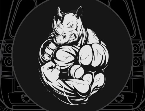 Aggressive, Muscular Bodybuilder Rhinoceros Custom Tire Cover