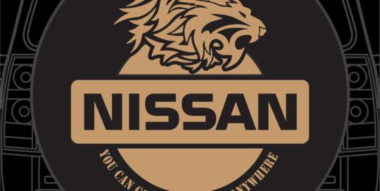 Nissan lion badge custom tire cover with slogan and logo design.