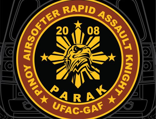 Philippine sun and eagle graphic in the center with the text “PINOY AIRSOFTER RAPID ASSAULT KNIGHT” and “PARAK / UFAC-GAF” around the border, dated 2008.Custom Tire Cover