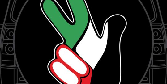 Peace sign with UAE flag colors on custom tire cover for cars.
