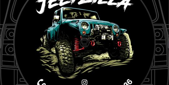 Jeepzilla off-road custom tire cover with Jeep vehicle illustration.