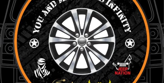 Custom tire cover with 'You And Me...Times Infinity' design and various logos.
