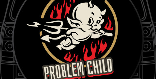 Problem Child Flames Skull custom tire cover with cartoon character and flames.