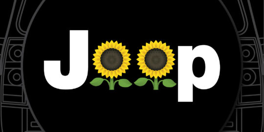 Joop sunflower badge on custom tire cover for vehicle protection.