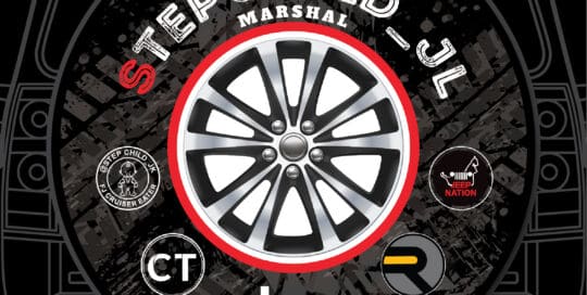 Custom Jeep tire cover featuring Stepchild JL Marshal design with logo and branding.