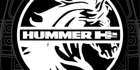 Hummer H2 custom tire cover with Hummer logo and lion design in black and white.