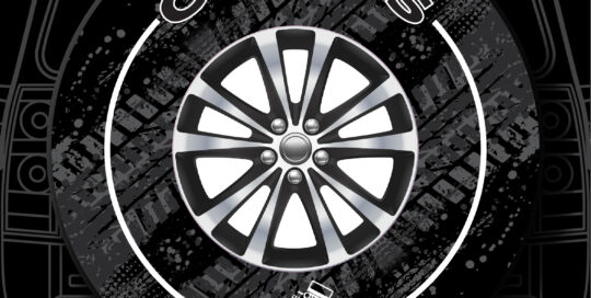 Chaos Compass Wheel Badge on custom tire cover with tire design background.