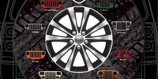 Skull bolt wheel badge with custom tire cover design featuring Jeep grille icons.