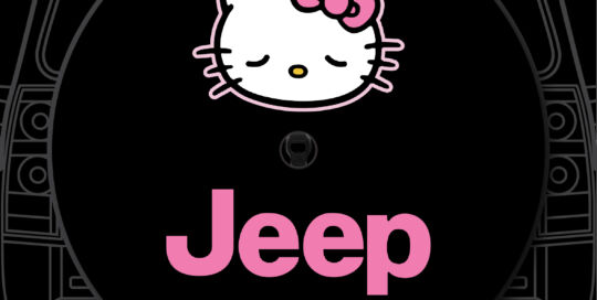 Hello Kitty Jeep tire cover with pink Hello Kitty face and bow design.