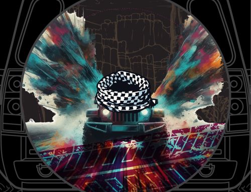 Jeep face-on with An Abstract Checkered Pattern Custom Tire Cover