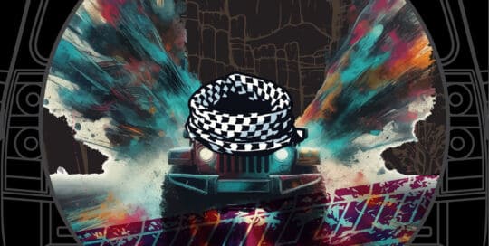 Jeep with custom tire cover featuring an abstract checkered pattern and vibrant colors.