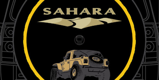 Sahara Off-Road Gold Badge Custom Tire Cover with Jeep illustration.