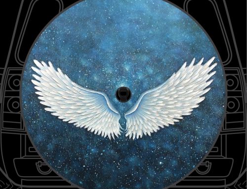 Celestial Blue Galaxy Design Adorned with detailed White Angel Wings Custo Tire Cover