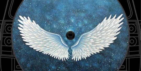 White angel wings design on a custom tire cover with starry night background.