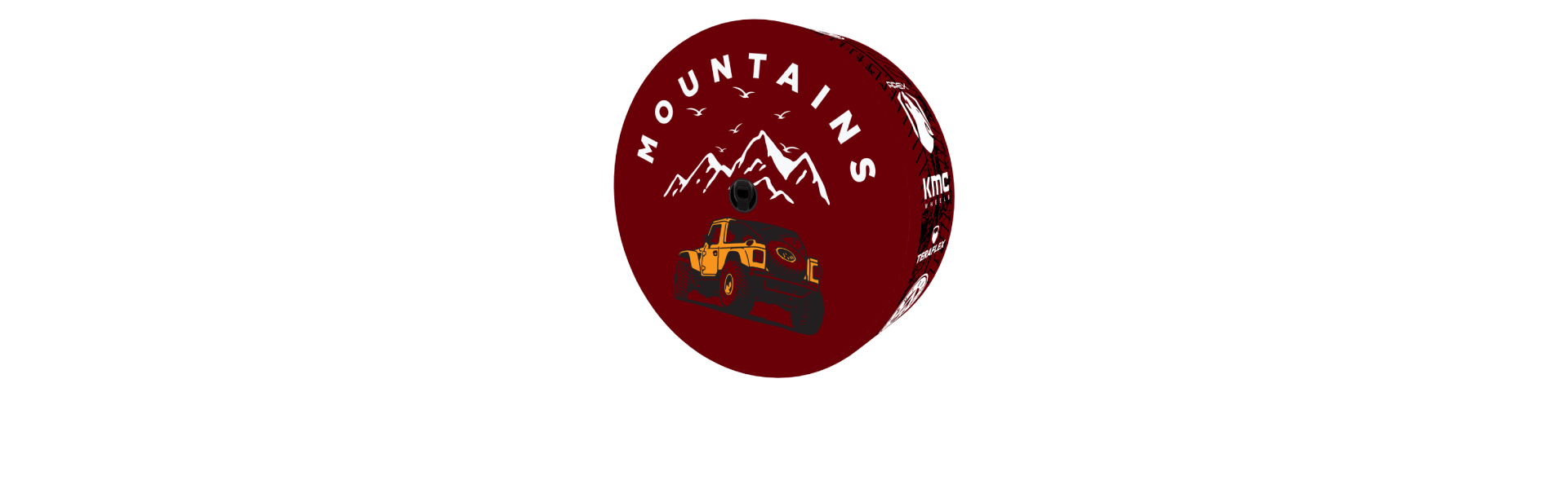 Red Jeep Wrangler rear tire fitted with a maroon custom tire cover with an integrated backup camera cutout and off-road vehicle graphic
