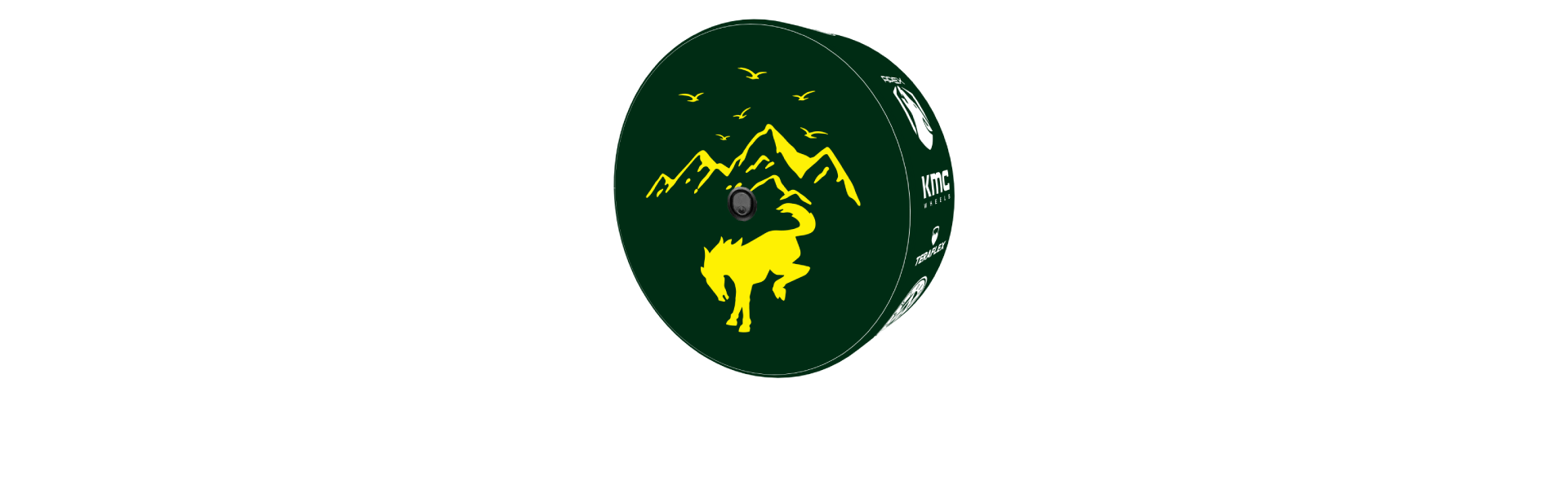 Ford Bronco rear tire fitted with a dark green custom tire cover featuring a yellow mustang and mountain design with backup camera opening