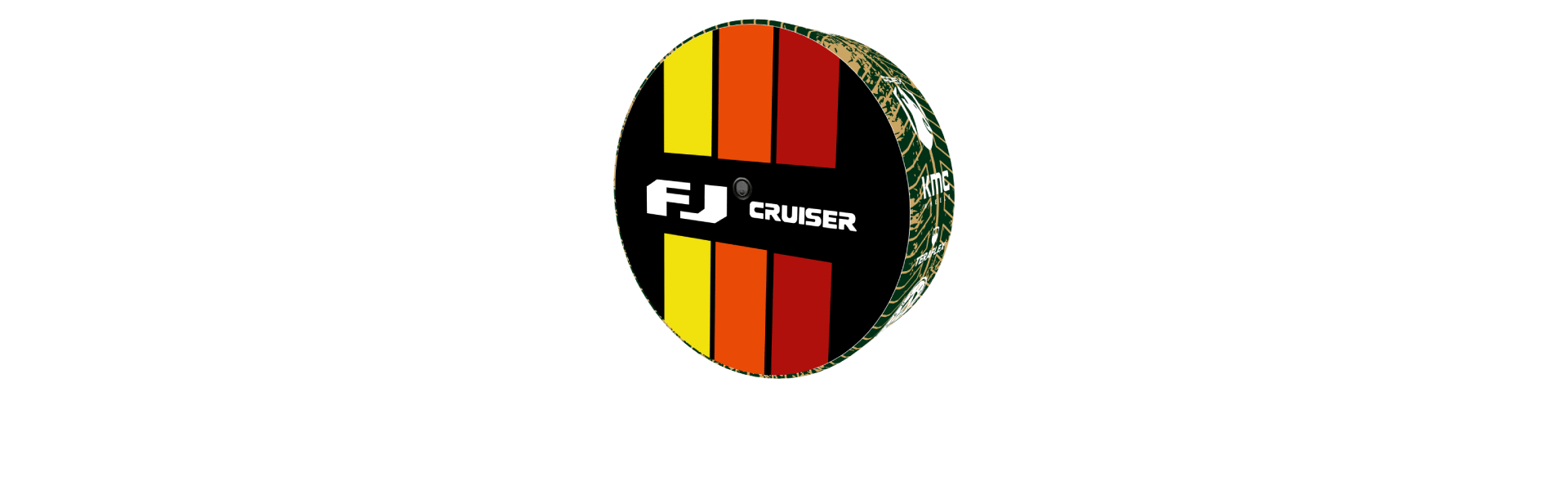 Toyota FJ Cruiser rear tire fitted with a black-and-orange striped custom tire cover with FJ Cruiser logo and backup camera cutout