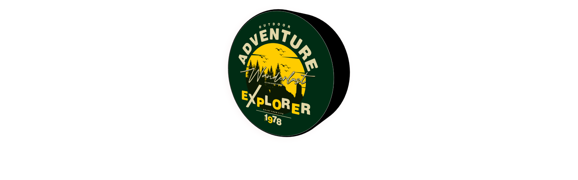 Red Jeep Wrangler rear tire fitted with a green branded custom tire cover featuring a mountain sunset and forest design