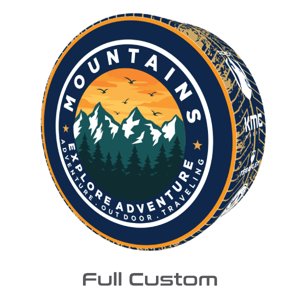 Red Jeep Wrangler rear tire fitted with a full custom tire cover featuring a mountain sunset design, synthetic technical fabric with custom sides and piping