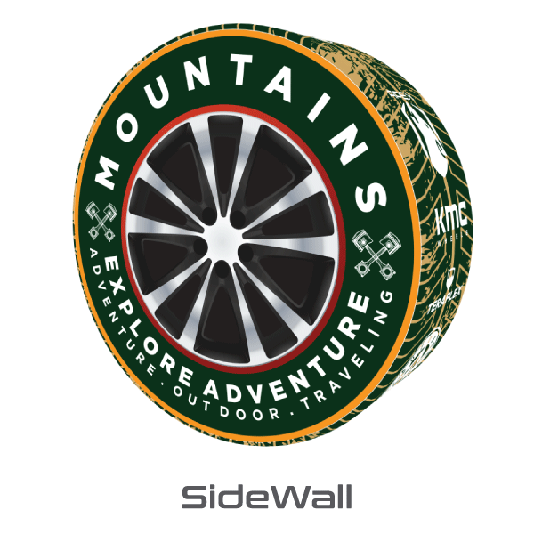 Red Jeep Wrangler rear tire fitted with a green sidewall custom tire cover showing a detailed alloy wheel graphic and custom piping