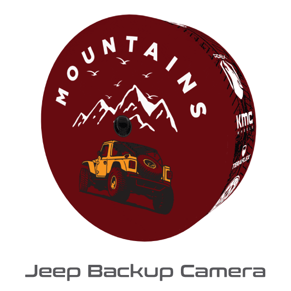 Red Jeep Wrangler rear tire fitted with a maroon custom tire cover with an integrated backup camera cutout and off-road vehicle graphic