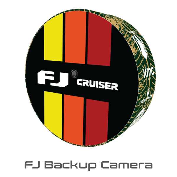 Toyota FJ Cruiser rear tire fitted with a black-and-orange striped custom tire cover with FJ Cruiser logo and backup camera cutout