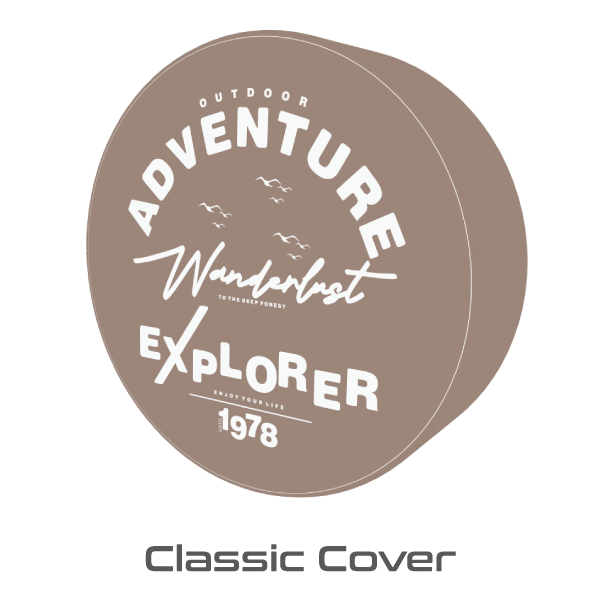 Classic green Land Cruiser rear tire fitted with a black rexine leather custom cover featuring an Outdoor Adventure Wanderlust Explorer design