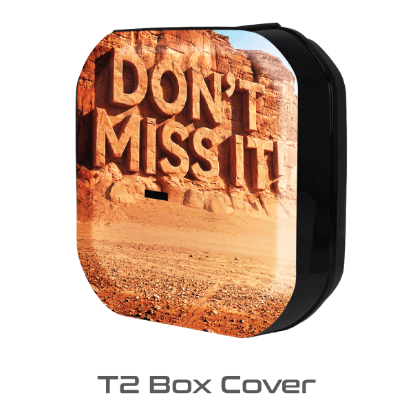 Rear view of a dark grey Jetour T2 off-road SUV fitted with a custom spare tire cover featuring a desert landscape and the text "Don't Miss It"