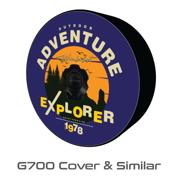 view of a dark grey Jetour G700 off-road SUV fitted with a custom spare tire cover featuring a mountain sunset and forest design