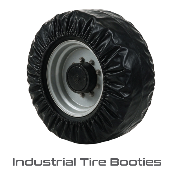 Black fabric tire bootie cover fitted over an industrial equipment wheel with visible wheel hub and bolts; non-marking cover for boom lifts and scissor lifts